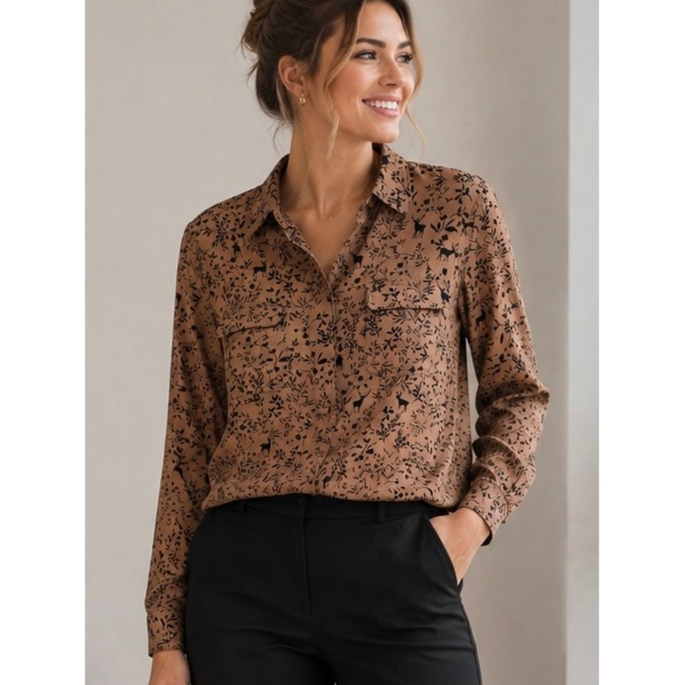 J. Jill Brown Deer Print Blouse Size M Long Sleeve Button Down Naturecore Office